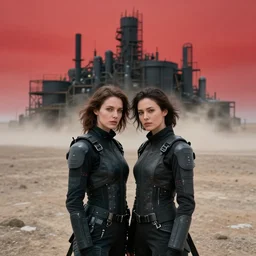 cinestill 5 0 d photographic portrait of two loving clones, techwear women on a desolate plain with a red sky, a brutalist dark metal facility in the background, dust storm, depth of field, 4 k, 8 k, hd, full color