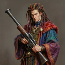 an anthropomorphic beautiful male wizard portrait holding bazooka wearing colourful robe, colourful dreadlock breed hair, fine art, award winning, intricate, elegant, sharp focus, octane render, hyperrealistic, cinematic lighting, highly detailed, digital painting, 8 k concept art, art by jamie hewlett masterpiece, trending on artstation, 8 k