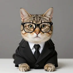 a full portrait of cat wearing a black suit and black FBI glasses