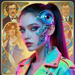 head and shoulders portrait of woman with eye implant bionic in neon leather jacket, pale skin, piercing eyes, cyberpunk, vibrant color, high detail, intricate, impossible beauty, ponytail, masterpiece by craig mullins, ruan jia, peter mohrbacher, krenz cushart, norman rockwell, alphonse mucha
