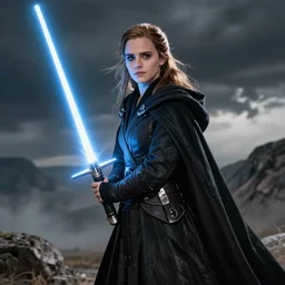 emma watson as a sith lord with a cloak and a lightsaber
