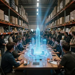 large group people in a huge warehouse, gathered around a hologram of futuristic city on a table | cinematic concept art | godrays | 4 k | clear details | tabletop | tabletop