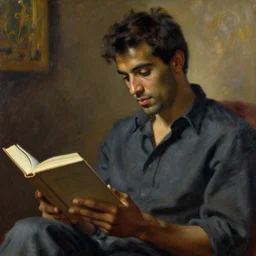 attractive man with dark skin reading a book, painting by tom of finland, john william waterhouse, claude monet