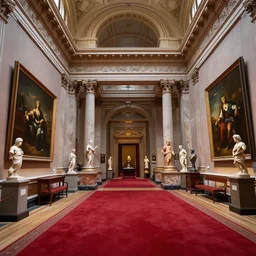 interior of a beautiful victorial museum with paintings, statues and red carpet, marble walls, columns, hyperdetailed, artstation, cgsociety, 8 k