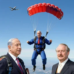 benjamin netanyahu skydiving, plane and parachute in background, by norman rockwell and rene magritte, highly detailed