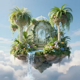 beautiful floating victorian botanical garden in the sky, water flowing from bottom of clouds, crystals, hanging plants, light dust, by peter mohrbacher dan mumford craig mullins nekro, cgsociety, pixiv, volumetric light, 3 d render