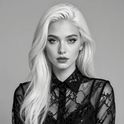 black and white - portrait of a woman wearing shiny black transparent lace shirt, english face, refined features, moon goddess, long snow - white hair by jean gerome, edward hopper and james jean, hyper detail, 8 k, high resolution, ultra detailed