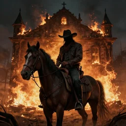 digital art of a mysterious cowboy on a horse in front of burning building. Weird west. Dark. Trending.