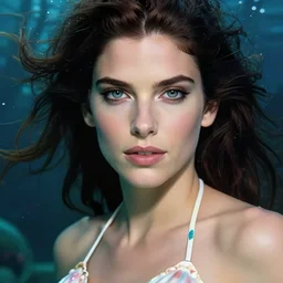 Actress Sandra Bullock as a mermaid with a piercing gaze wearing a shell bikini in an underwater magical forest, highly detailed face, realistic face, beautiful detailed eyes, fantasy art, in the style of artgerm, illustration, epic, fantasy, intricate, hyper detailed, artstation, concept art, smooth, sharp focus, ray tracing, vibrant, photorealistic