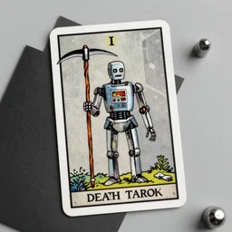 the death tarot card represented by an I Robot with scythe, black paper, by mario feng, ray tracing, master shot, octane render, 8k, ultra hd, perfect light