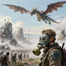 landscape painting of steampunk city with thick fog. from a distance seen a man wearing a gas mask on his face, a mechanical dragon flies in the sky, zombie horde, high detail, fine art, trending on artstation, smooth draw, sharp focus, digital art, bright colors, no anomalies, cool style.