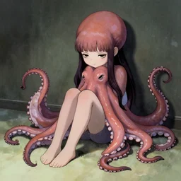 a sad humanoid octopus girl with tentacles instead of limbs sitting on the floor, illustration by Junji Ito