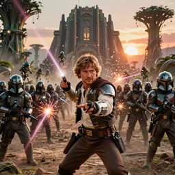 still image screenshot portrait of han solo defending wookies against an army of strange bounty hunters, on mandalore, badass action scene with laser explosions and sparks, from the tv show mandalorian on disney +, scene in front of a strange building, moody mining planet, at - at imperial walkers, invading beautiful lush kashyyyk, backlit sunset, anamorphic lens, 3 5 mm