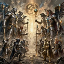the armies of good and evil!!!! fantasy character portrait!!, facing each other!!!!!!!!!!!! ultra realistic, wide angle, intricate details, the fifth element artifacts, highly detailed by peter mohrbacher, boris vallejo, craig mullins