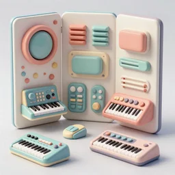 hard surface shape form exploration, detailed, artstation, 8 k, pastel colors, props, panel, concept, keyboard synthesizer, instrument, keyboard workstation, futuristic, greeble, collection, parts,