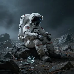 an astronaut with a broken glass sitting on a dead world full of rocks, atmospheric, scary, foggy, rocky, sad, fine details. night setting. realistic shaded lighting poster by craig mullism, artgerm, jeremy lipkin and michael garmash, unreal engine, radiant light, detailed and intricate environment, digital art, trending on art station,