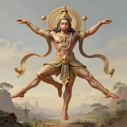 a full body landscape of a beautiful ornated hanuman god, leaping with both legs widely stretched in opposite directions, intricate, elegant, highly detailed, digital painting, artstation, concept art, smooth, sharp focus, digital illustration, art by krenz cushart and artem demura and alphonse mucha
