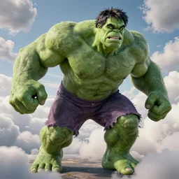 Bob Ross as The Incredible Hulk, photorealistic, volumetric clouds, Marvel Universe cinematography movie scene,