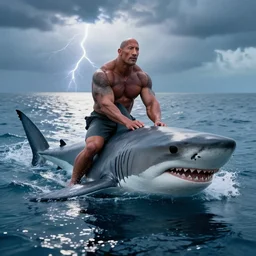 photo!!!! of Dwayne Johnson riding a shark in the middle of the ocean, full shot, highly detailed face, highly detailed shark, 8k, cinematic, reflections, lightning
