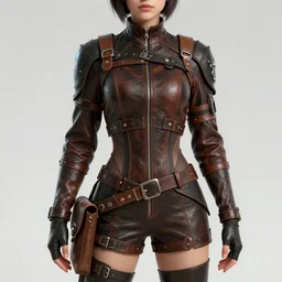 character concept art front view of a young woman wearing a leather outfit with straps and padding and satchels and bags and holsters and decorations, elaborate, intricate, artstation hd