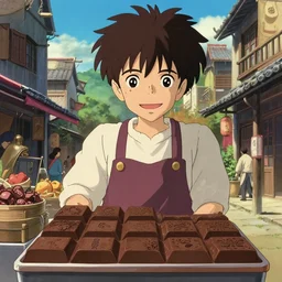 a full body portrait of a happy chocolate seller, finely detailed features, closeup at the faces, perfect art, at an ancient city, gapmoe yandere grimdark, trending on pixiv fanbox, painted by greg rutkowski makoto shinkai takashi takeuchi studio ghibli, akihiko yoshida