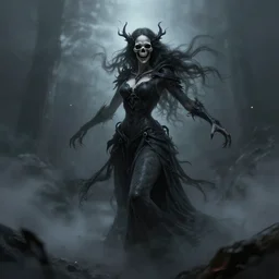 female wraith, undead, dynamic pose, skull, terrifying, dark, fog, artstation