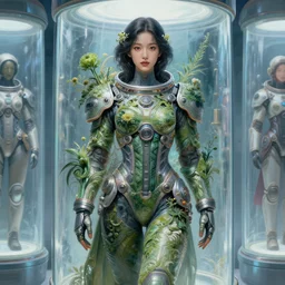 Korean beautiful celestial Goddess wearing a futuristic lush spacesuit exposed in cryo chambers by James Jean, intricate, elegant, highly detailed, centered, digital painting, artstation, concept art, smooth, sharp focus, illustration, by Peter Mohrbacher, WLOP