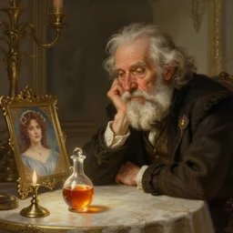 an old man resting his chin on a table looking at the elixir of life with a photograph of his wife next to him, deep focus, d & d, fantasy, intricate, elegant, highly detailed, digital painting, artstation, concept art, matte, sharp focus, illustration, hearthstone, art by artgerm and greg rutkowski and alphonse mucha