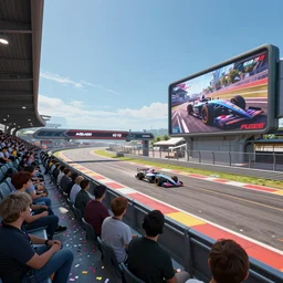 wide angle shot of a futuristic racetrack from the attendee stands with confetti on a sunny day with a clear blue sky and big tv screens in the background showing the car race, cyberpunk, profile shot, digital painting, good value control, unreal engine 5, 8 k, fourze, realistic textures, wipeout 2 0 4 8, f - zero