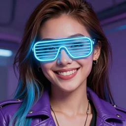 closeup painting of a very beautiful young mexican cyberpunk woman with a smile, light blue neon shutter shades!! on her face, and a purple coloured leather jacket, one side haircut, long brown hair with light blue ends, portrait, sci - fi, hyperdetailed, cgsociety, synthwave by tangerine dream, by jean - michel jarre, by vangelis, by john carpenter