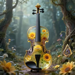 a magical violin made of glass, 🌼🌻🍂, 8 k, matte painting, early morning light, cinematic light, in the style of mark ryden and mc escher and ernst haeckel,