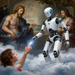 modern mechanical robot on the clouds is touching a human with lightning fingers, hal 9 0 0 0, classical religious painting, michelangelo, concept art, stanley kubrick