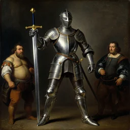knight with giant and too heavy sword, by camille corot, by fernando botero, by pieter bruegel the elder, painting, fine art, high contrast, divine, strong, rembrandt lighting, ray tracing global illumination, ray tracing reflections, insanely detailed and intricate, hypermaximalist, elegant, ornate, hyper realistic, super detailed