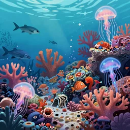 a beautiful digital colorful illustration coral reefs, sea life, jelly fishes, bioluminescence by makoto shinkai and thomas kinkade