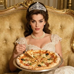 high quality photo of young sophia loren having pizza served on a silver platter, relaxed pose on antique luxury sofa, intricate ornamented tiara, opulent pearl necklace, laced dress, golden lighting, perfectly lit face, golden ratio, symmetrical details, sharp focus
