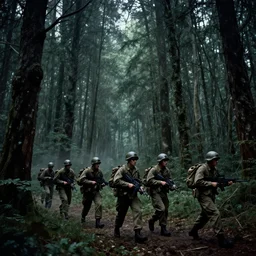 wide shot, a squad of American Soldiers patrolling deep in the thick, forest, painting, colored, eerie, Lovecraftian, eldritch horror, 1969