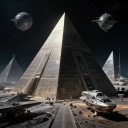 science - fiction technological scientific pyramids in dark space by syd mead, john harris, detailed, cinematic,