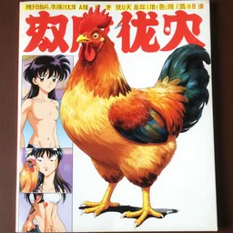 half human half chicken. the chicken person is standing on the cover of a magazine, manga, anime from the 9 0 s