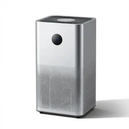 silver air purifier, photorealistic, isolated on a pure white background, centered, entire object in frame, sharp focus, soft studio lighting