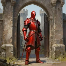 A single Red Knight standing guard over the castle's gate, fantasy, artstation, highly detailed, 4k, digital painting, portrait by Larry Elmore