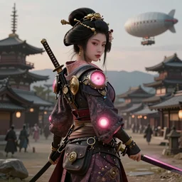 Steampunk geisha with a katana sword, soft pink lights, historical Japanese city of 1790, zeppelin in the air, hyperdetailed, artstation, cgsociety, 8k