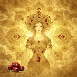 beautiful goddess with golden glow background, drawing, intricate golden fractals, dried dates, tea leaves, symmetrical front, by amy leibowitz, wlop, jeremy lipkin, beeple, intricate, artgerm, ilya kuvshinov, golden clouds background