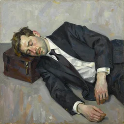Oil painting Portrait of a man in a business suit sleeping on the floor by Lucian Freud, Abstract brush strokes, Masterpiece