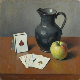 a painting by ben nicholson in the style of ivon hitchens, table still life with cards. jug. apple