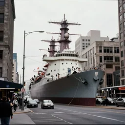 1 9 7 0 s photography, a giant battleship sailing on brutalist city main street