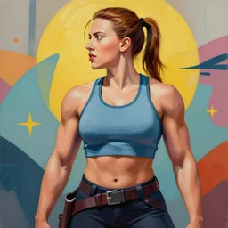 greg manchess portrait of scarlett johansson as roided thick very muscular female bodybuilder lara croft, fantasy, medium shot, asymmetrical, profile picture, organic painting, sunny day, matte painting, bold shapes, hard edges, street art, trending on artstation, by huang guangjian and gil elvgren and sachin teng