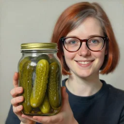 a smiling girl with short grey red hair and dark rim glasses, she is proudly holding a fido jar into the camera. close up. the fido jar is filled with big green pickles. painting by gertrude abercrombie, by rolf armstrong, by chesley bonestell