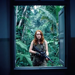 film still, extreme far view, emma stone, jungle, vietnam door gunner, apocalypse now, associated press,, 2 6 mm, kodak ektachrome, blue tint expired film,