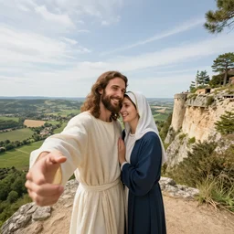 selfie from a mobile phone of happy jesus and happy mary magdalene standing on a cliff looking over a beautiful landscape in france, in love, rennes - le - chateau, award winning photo, wide angle lens, very detailed, photorealistic
