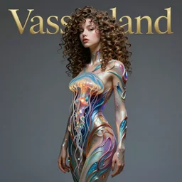 Vass Roland cover art future bass girl un wrapped statue!!!!!!!! bust curls of hair petite lush side view body photography model full body!!! curly!!!!! jellyfish lips art contrast vibrant futuristic fabric skin jellyfish material metal veins!!!!! style of Jonathan Zawada, Thisset colours simple background objective